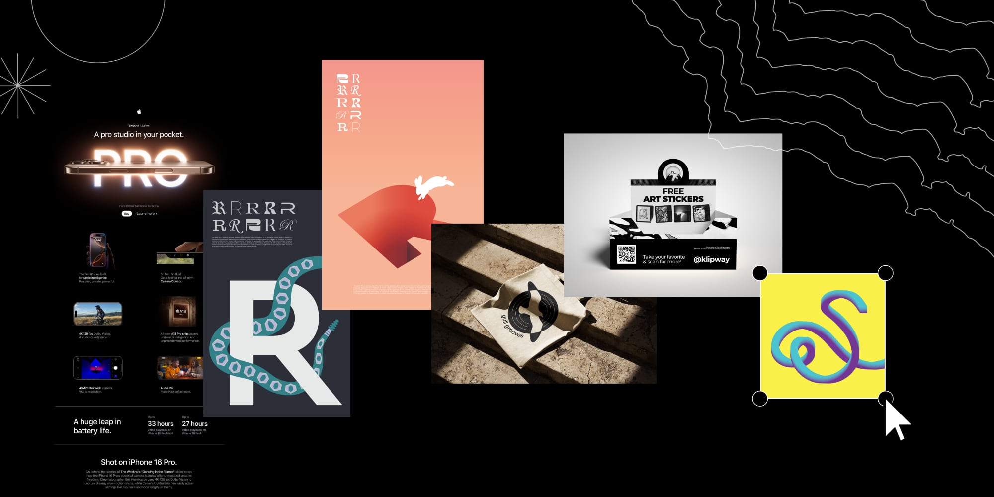 Poster, email, sticker, and logo work scattered across a black board — an Apple-style launch email, two typographic posters, a sticker display, a branded tote, and a looping letterform.