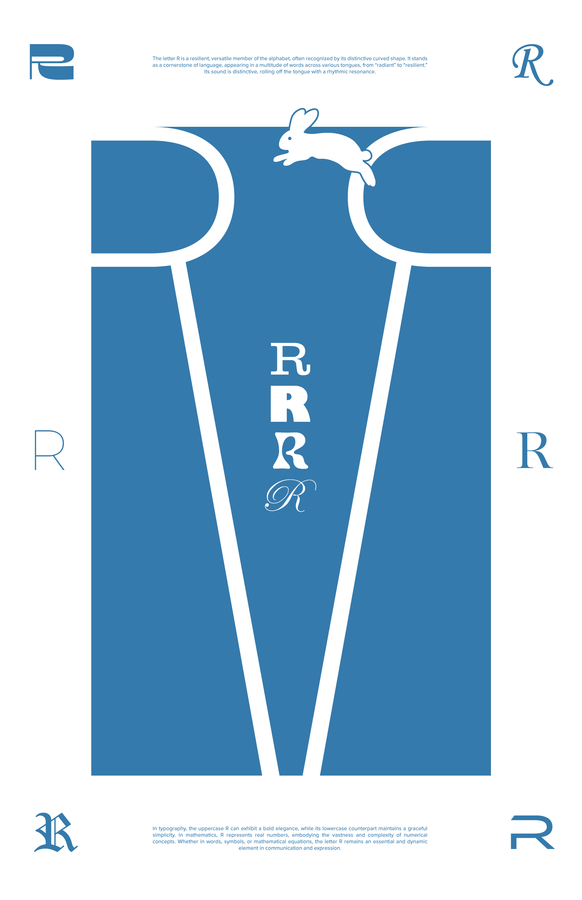 Blue poster: a large R built from two heavy strokes, with a small leaping rabbit at the join.