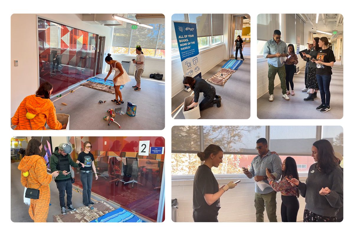 Six photos from an internal test: a college hallway laid with blankets and props standing in for the beach, testers walking the route in costume, and the team watching and taking notes on their phones.