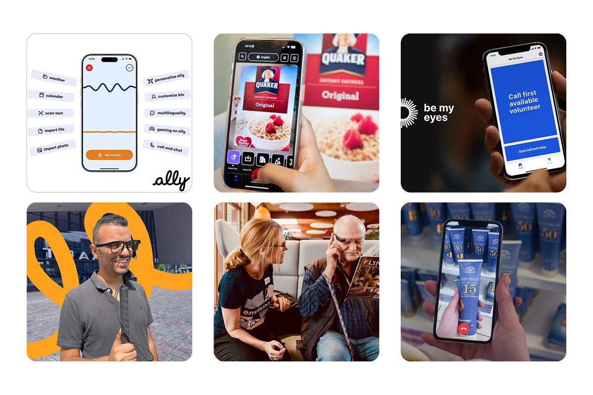 Six images in two rows. Above, the app screens for Ally, Envision, and Be My Eyes. Below, each in use: a man wearing Ally Solo glasses, an Envision user with a companion, and a Be My Eyes volunteer call reading a sunscreen label.