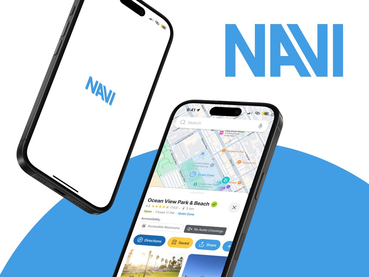 NAVI wordmark beside two phones: the app splash screen and the Ocean View Park place page.