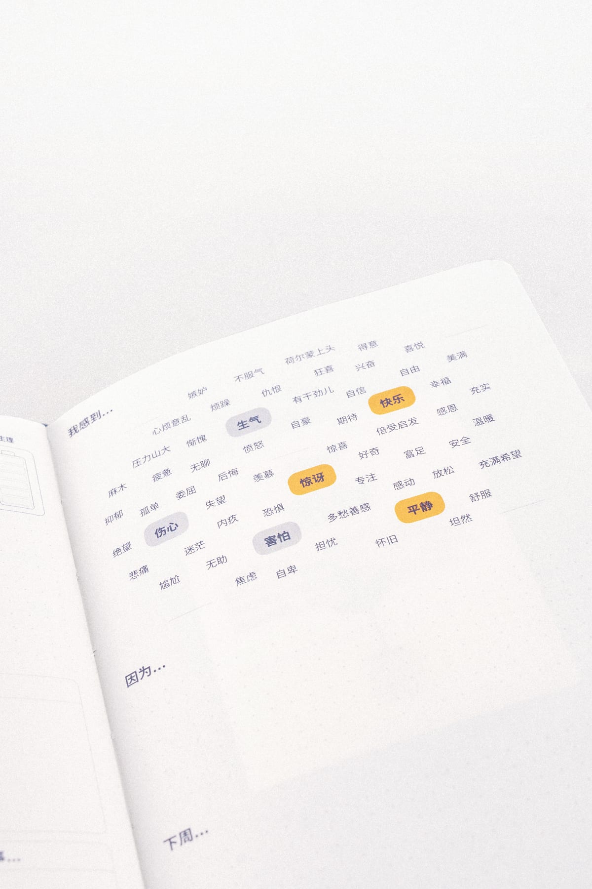 The feelings page, a vocabulary of moods to mark, several of them already highlighted.