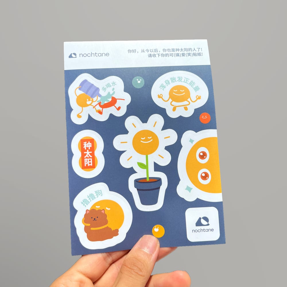 The sticker sheet, its illustrated stickers on a navy card.
