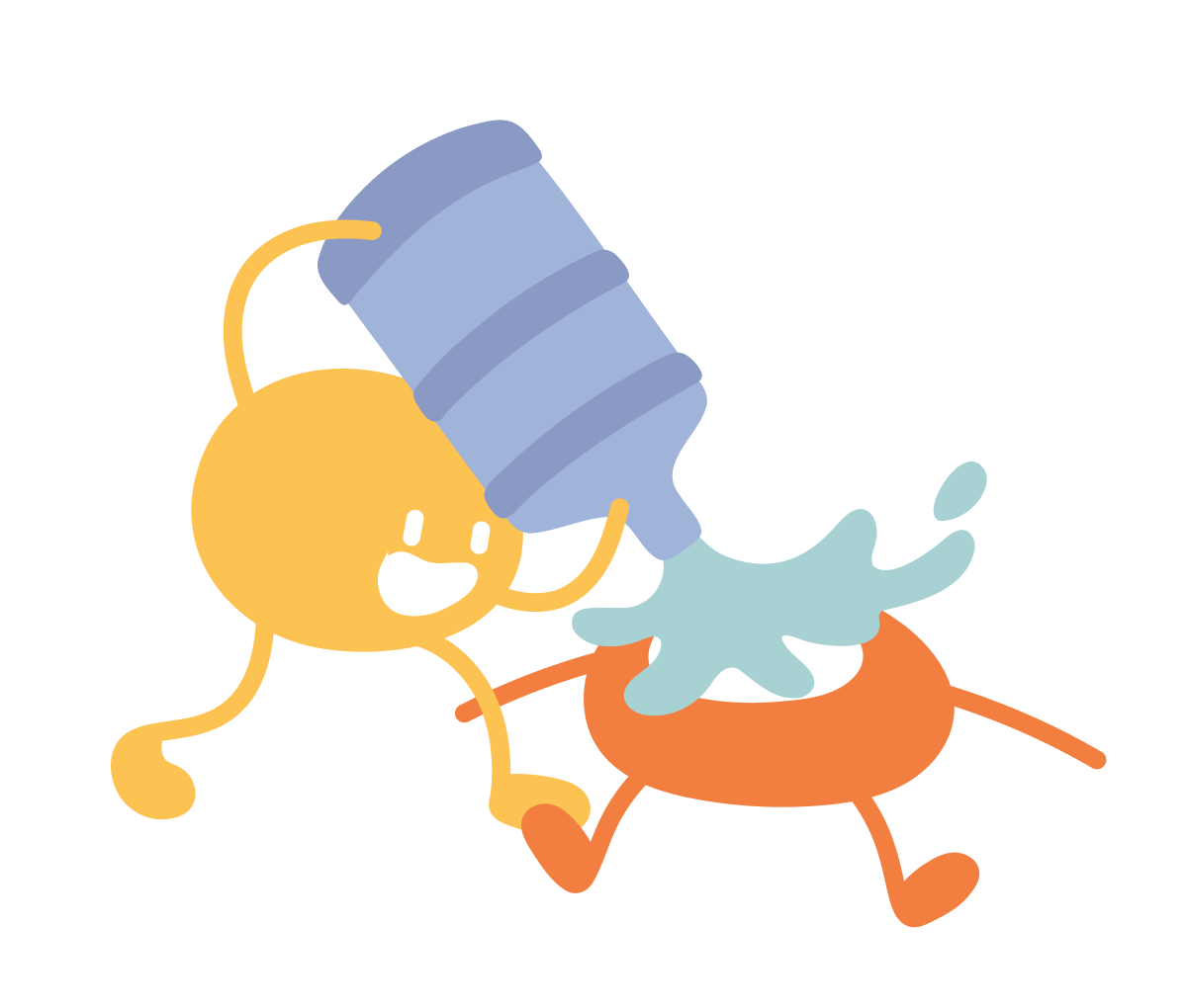 A sticker of one mascot tipping a water jug over another, splashing them.