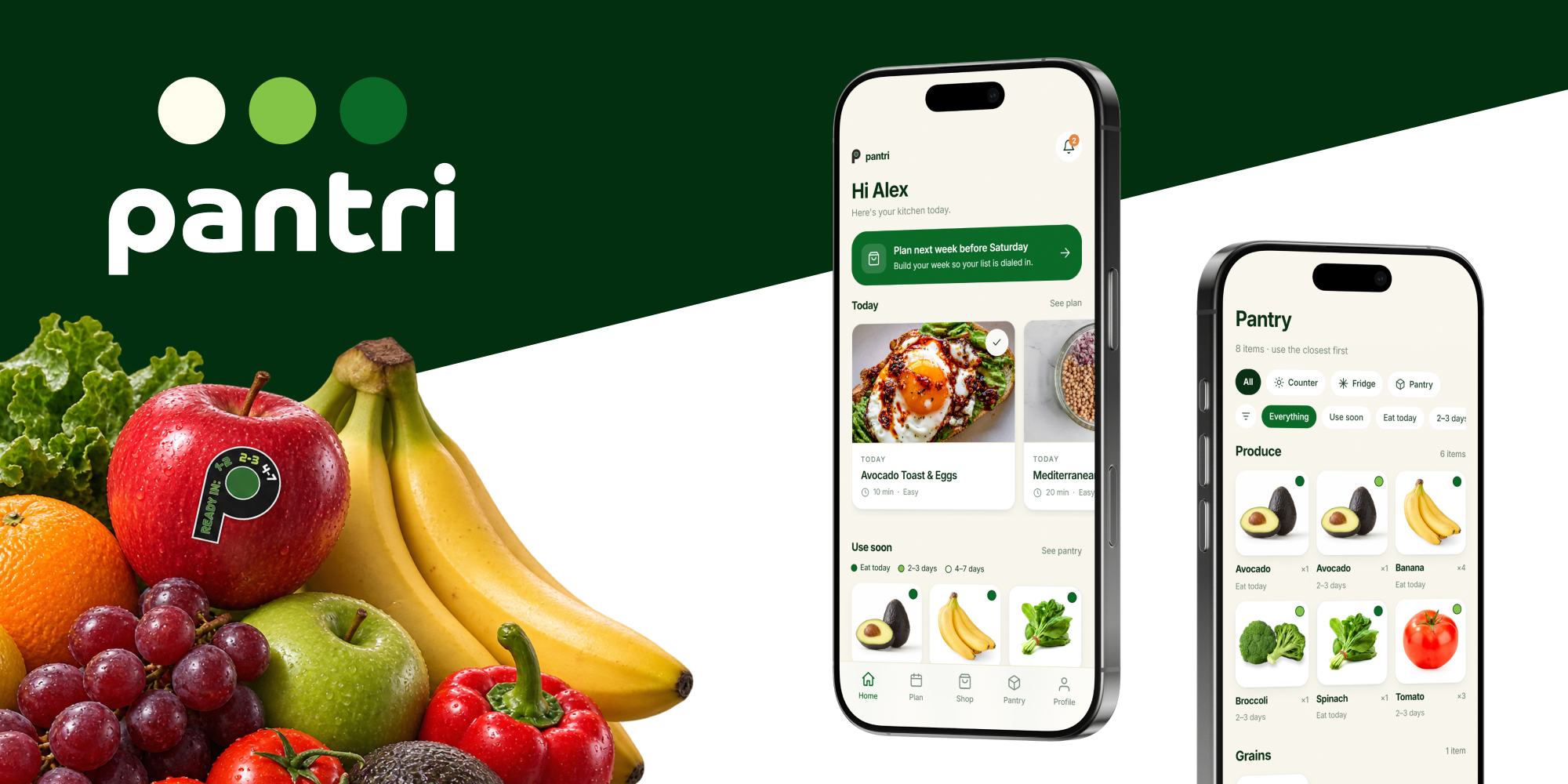 The Pantri wordmark and its three ripeness dots on dark green, a pile of fruit and vegetables where one apple carries the P ripeness sticker, and two phones showing the Home screen and the Pantry grid.