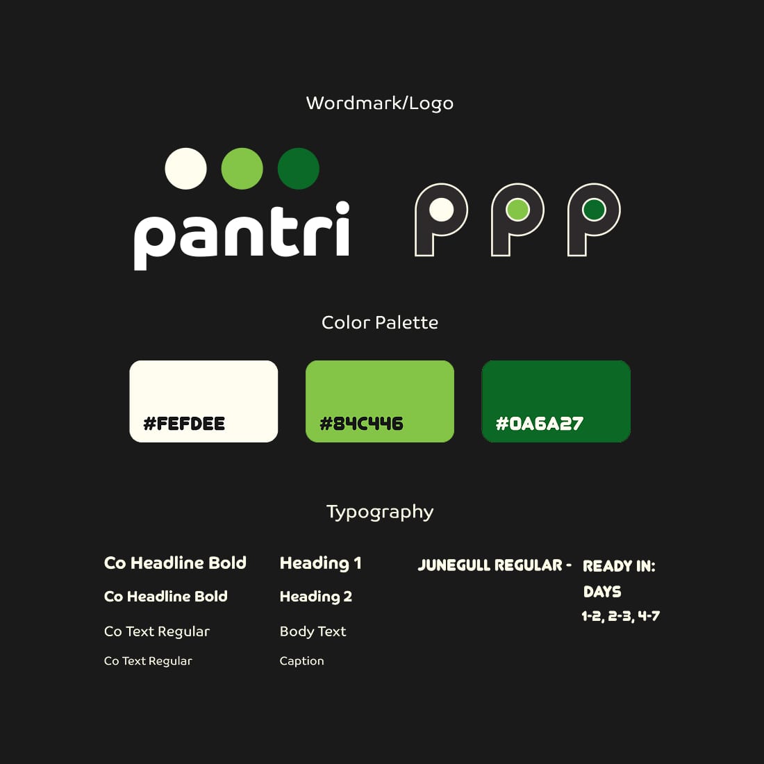 The Pantri identity on black: the wordmark beside the P mark in three ripeness states, a palette of three swatches labeled FEFDEE, 84C446, and 0A6A27, and the type scale in Co Headline, Co Text, and Junegull.