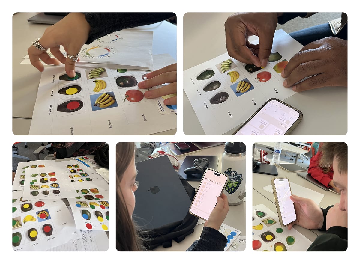 Photographs from a testing session. Participants place colored dot stickers onto printed ripeness sheets and hold a phone running the prototype beside them.
