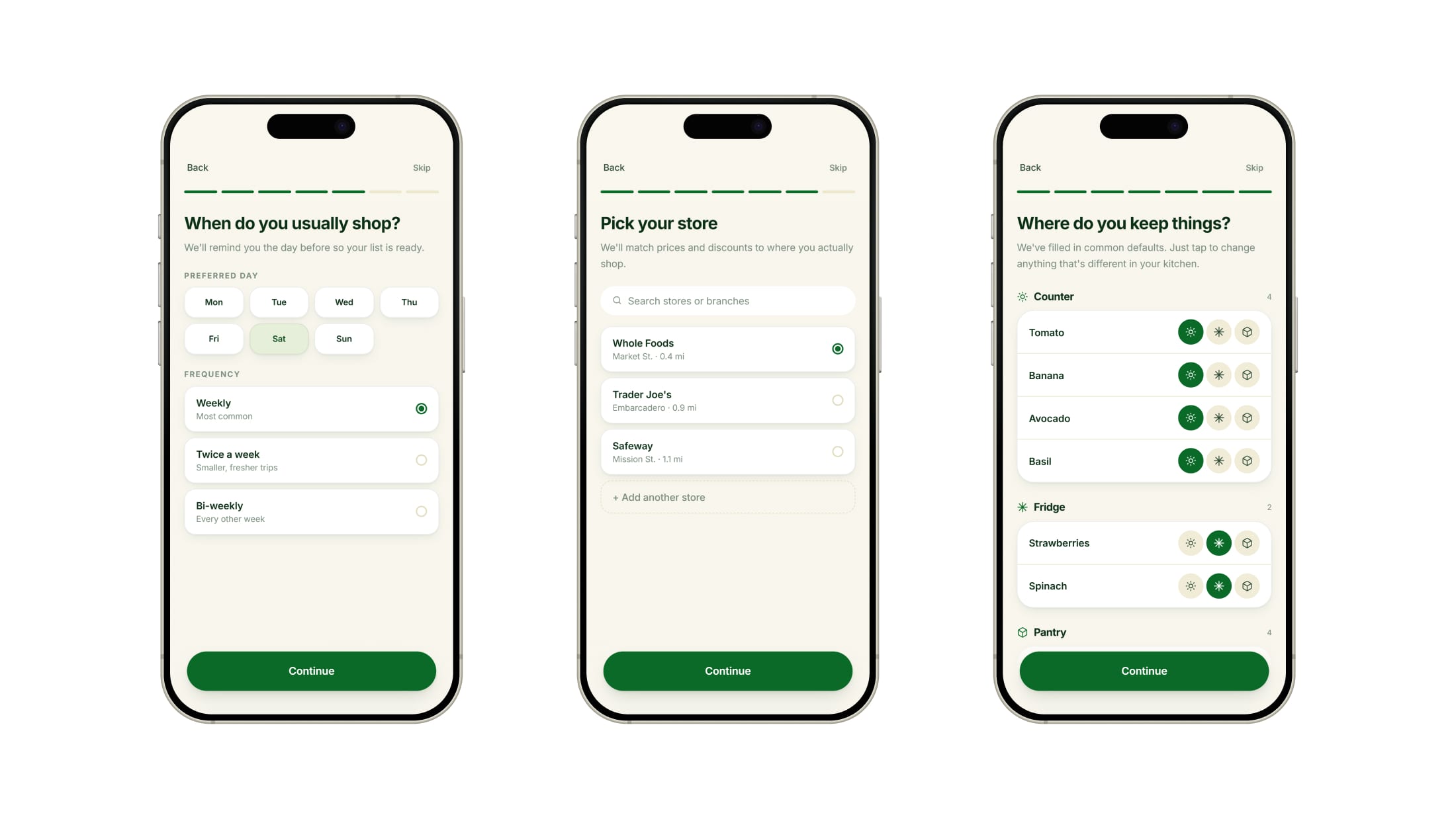 Three onboarding steps: choosing Saturday and a weekly rhythm as the shopping schedule, picking Whole Foods from a list of nearby stores, and confirming where each item is kept, grouped under Counter, Fridge, and Pantry.