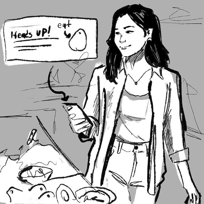 A phone notification says the avocados have peaked, suggesting the guacamole she planned.