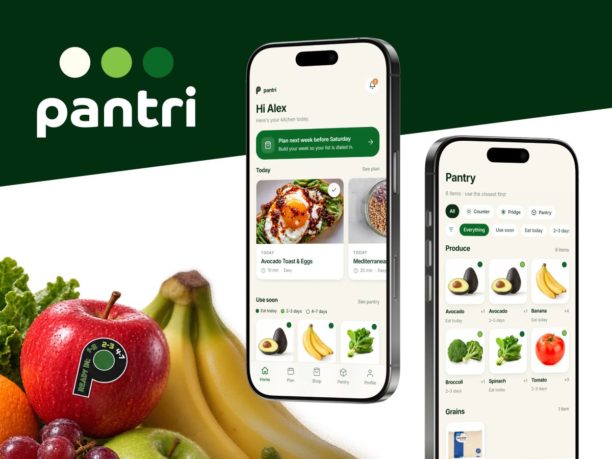 The Pantri wordmark on dark green, a pile of fruit and vegetables where one apple carries the P ripeness sticker, and two phones showing the Home screen and the Pantry grid.
