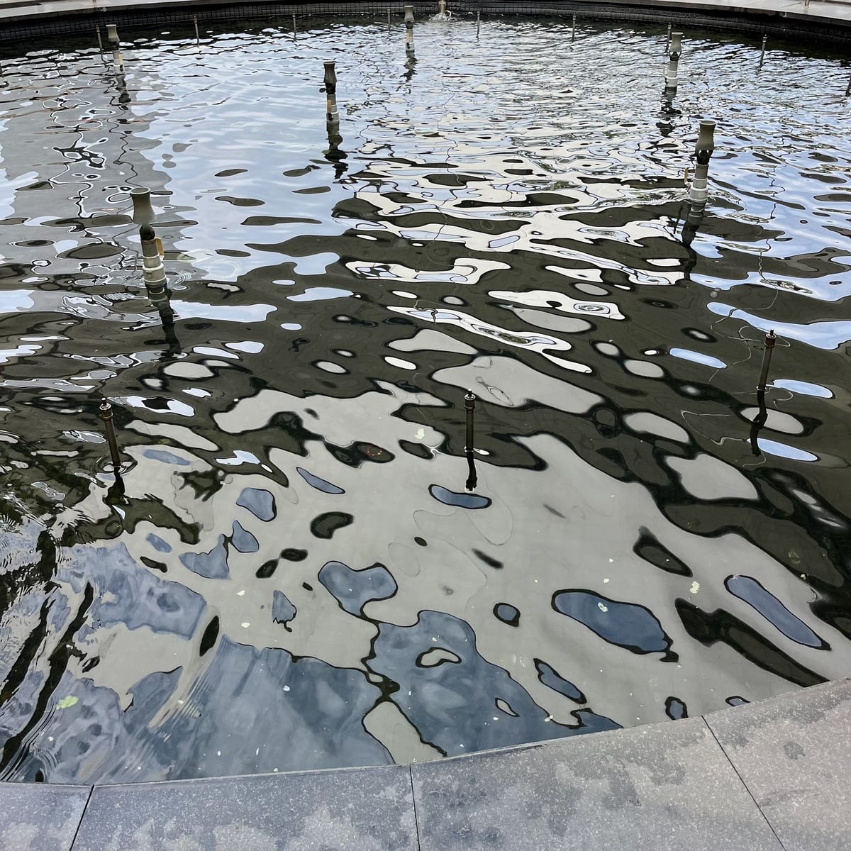 The original photograph: a shallow pond with posts and reflections.