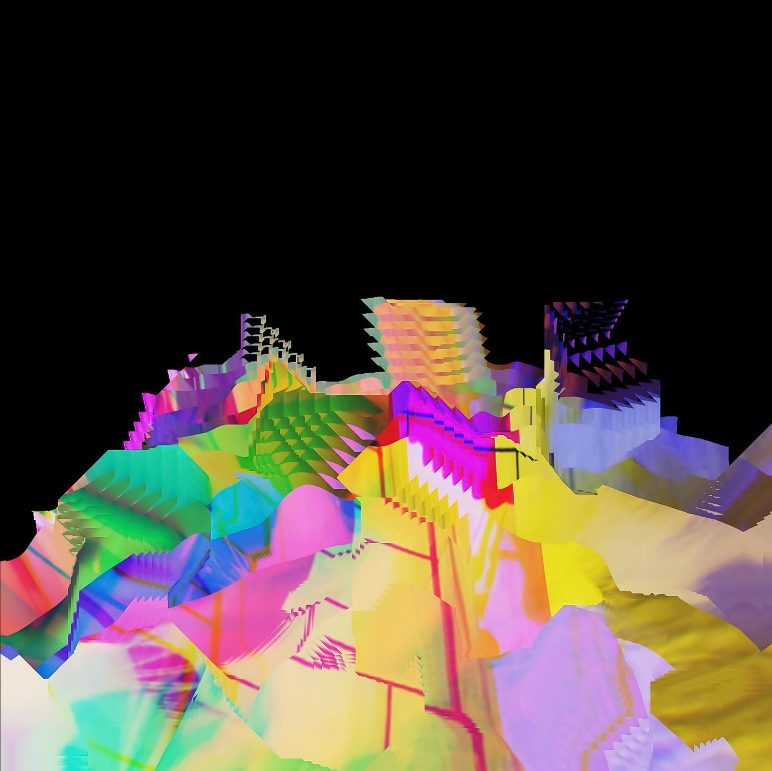 Terrain built from blocks of saturated color.