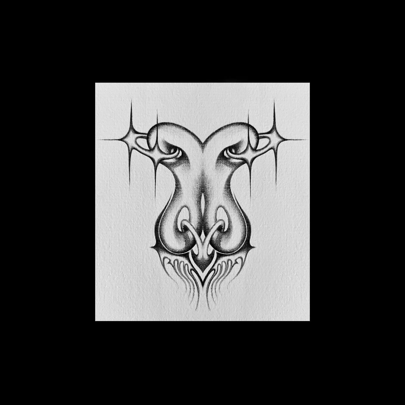A symmetrical crest of spikes and hooks facing the viewer.