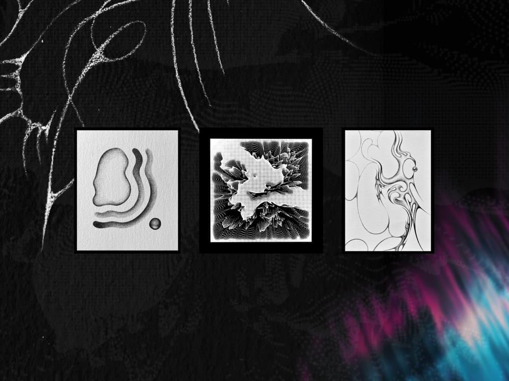 Three framed pencil drawings hung on a dark wall of white line-work, with a magenta and cyan light streak crossing the right side.